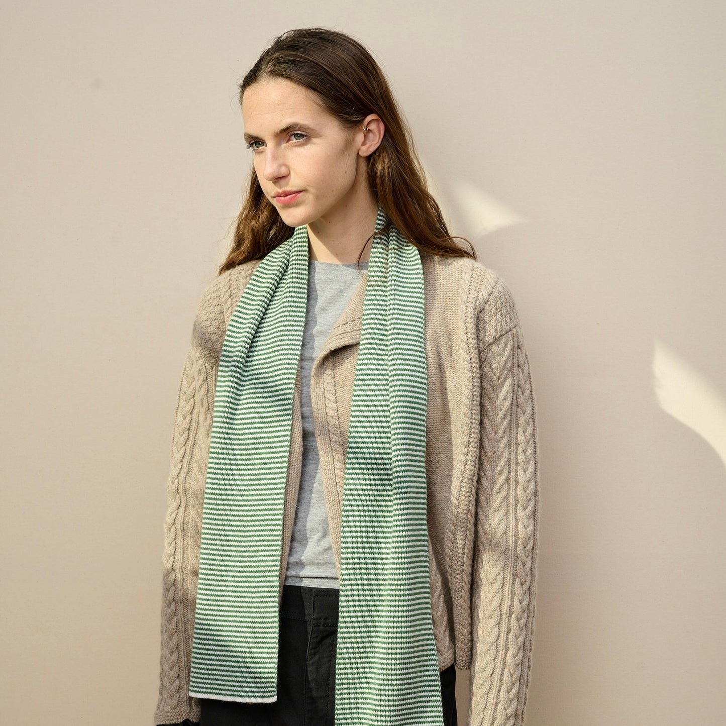 Fern Green & White Striped Cashmere Scarf