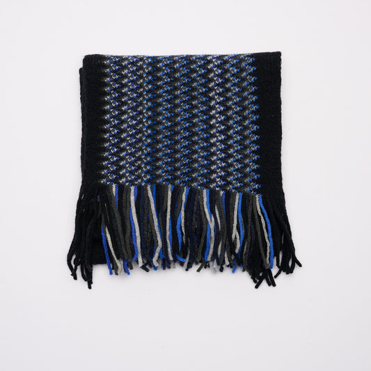 Black & Blue Mix Zig-Zag Cashmere Scarf with Tassels