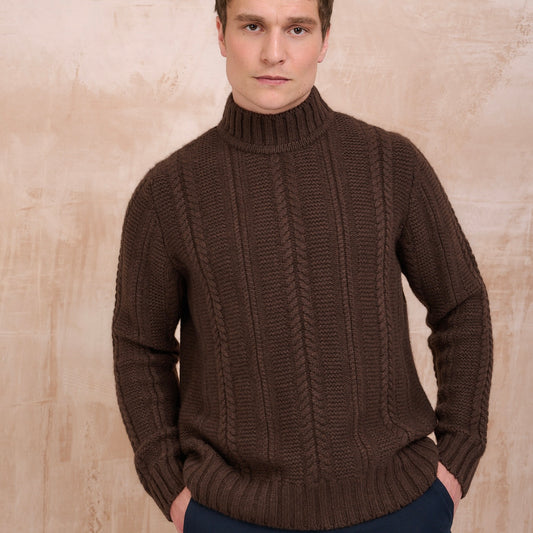 Cable Turtle Neck Jumper - Chocolate Brown Marl