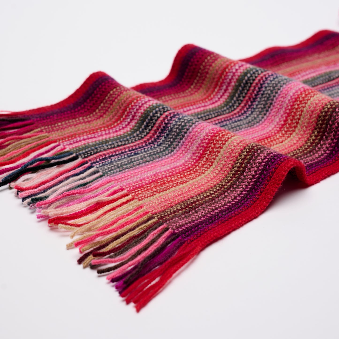 Multi Coloured Cashmere Striped Scarf with Tassels - Red Tones