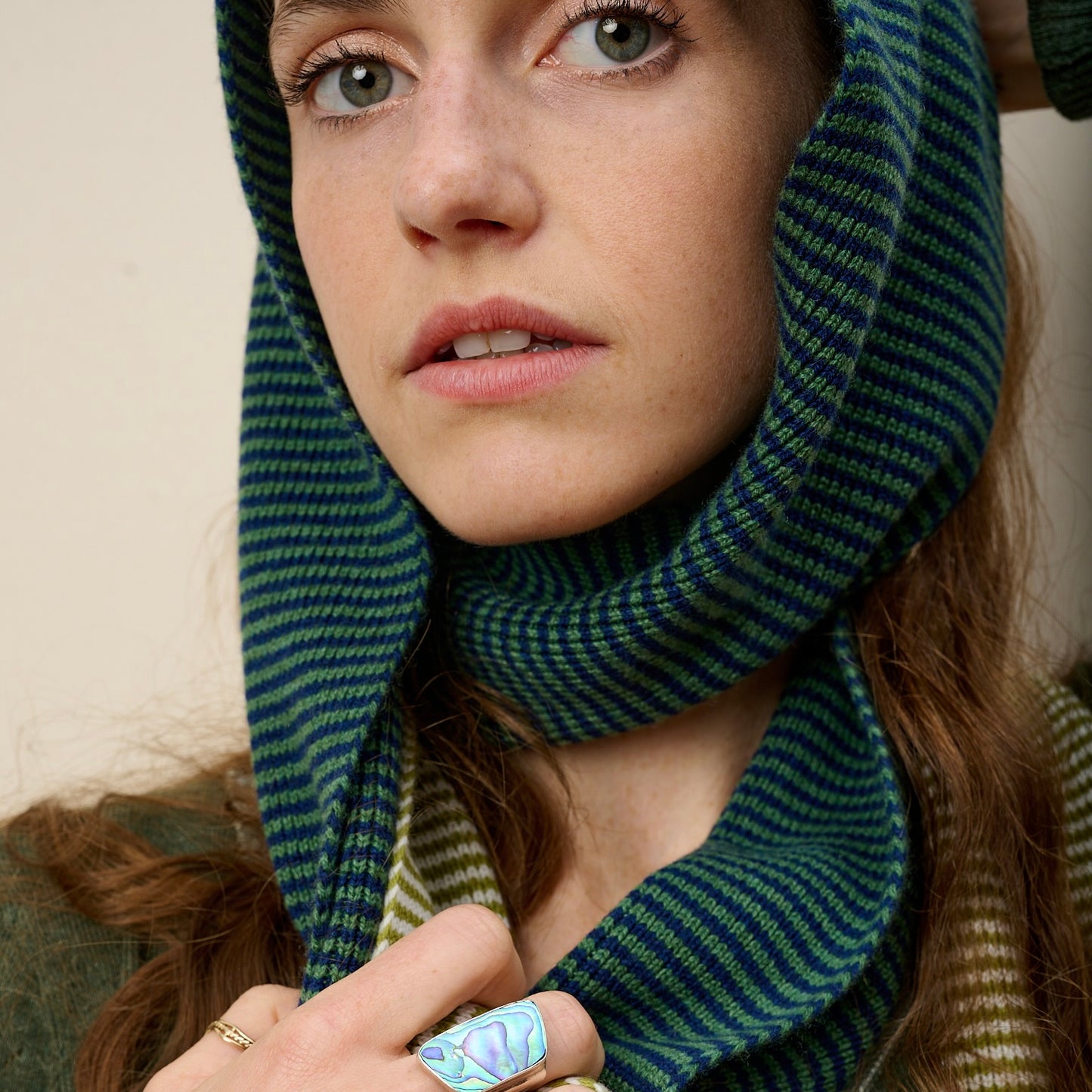 Fern Green & Navy Blue Striped Cashmere Scarf