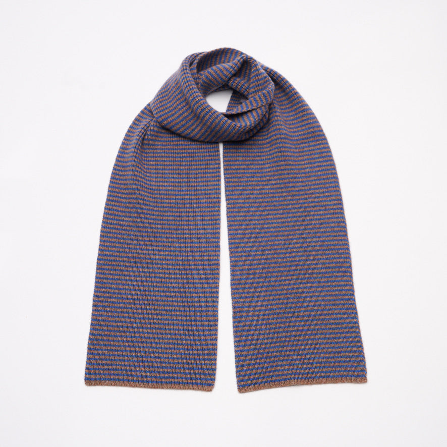 Bright Blue & Biscuit Marls Striped 5 Ply Cashmere Scarf