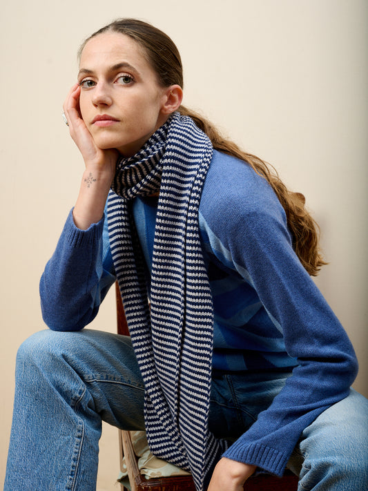 The Mega Jumbo Striped Cashmere Scarf - Navy & Light Grey