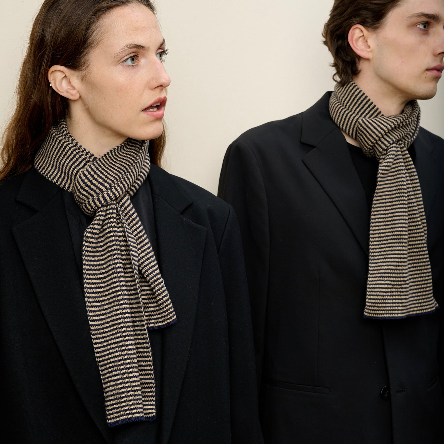 Navy Blue & Camel Striped Cashmere Scarf