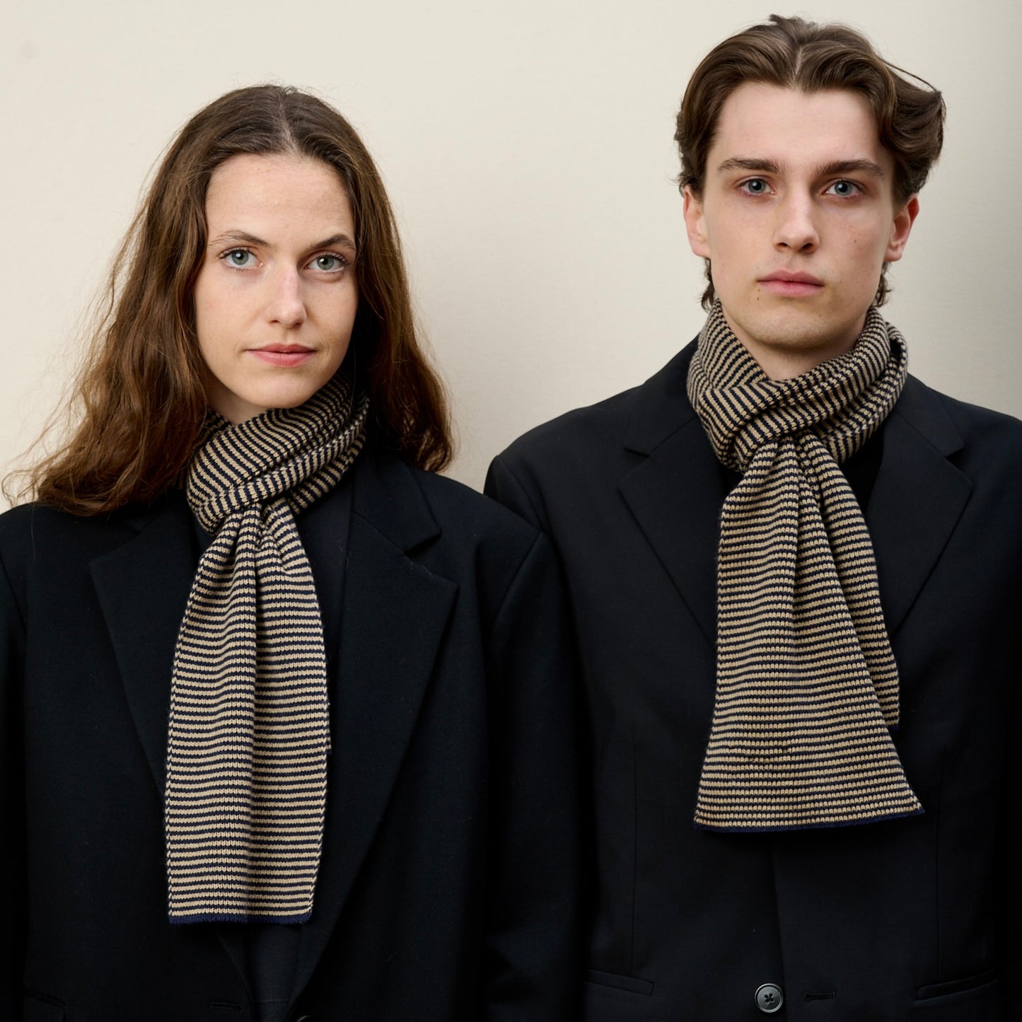 Navy Blue & Camel Striped Cashmere Scarf