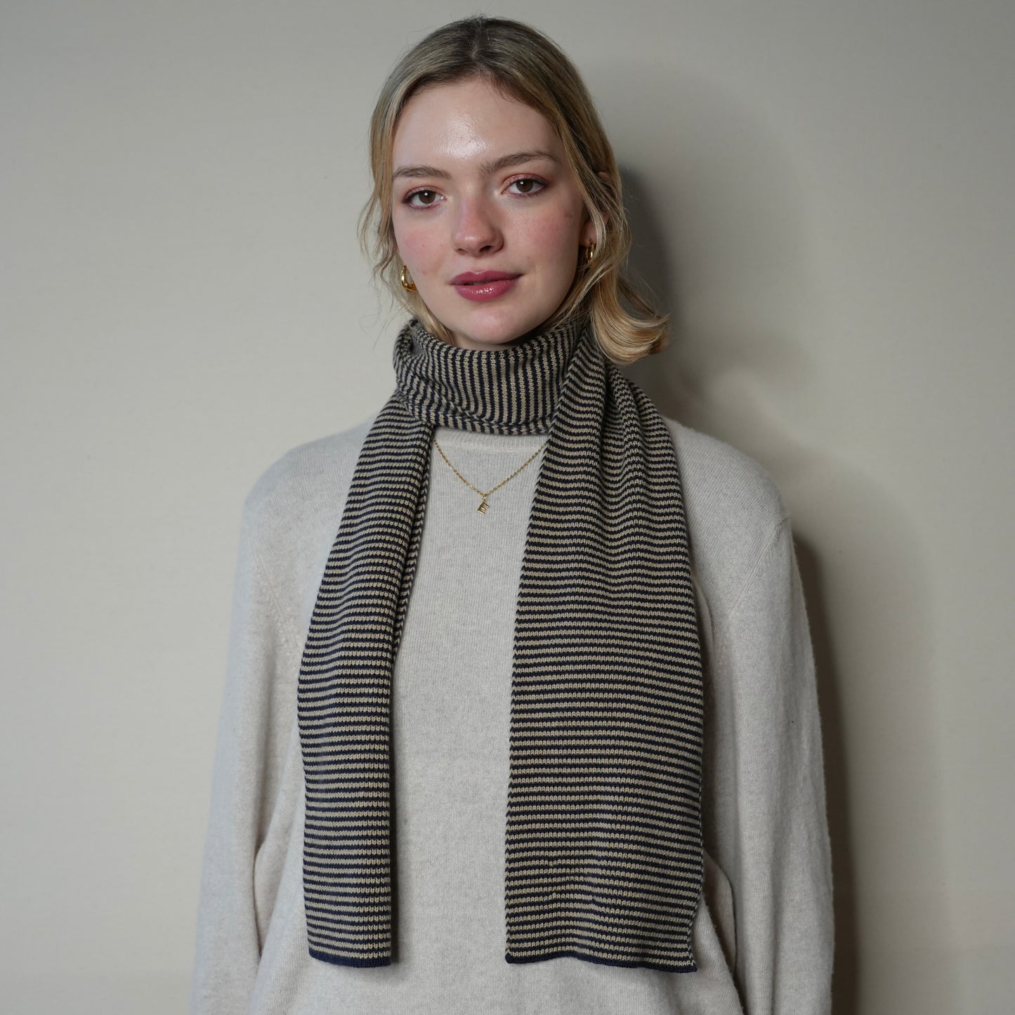 Navy Blue & Camel Striped Cashmere Scarf