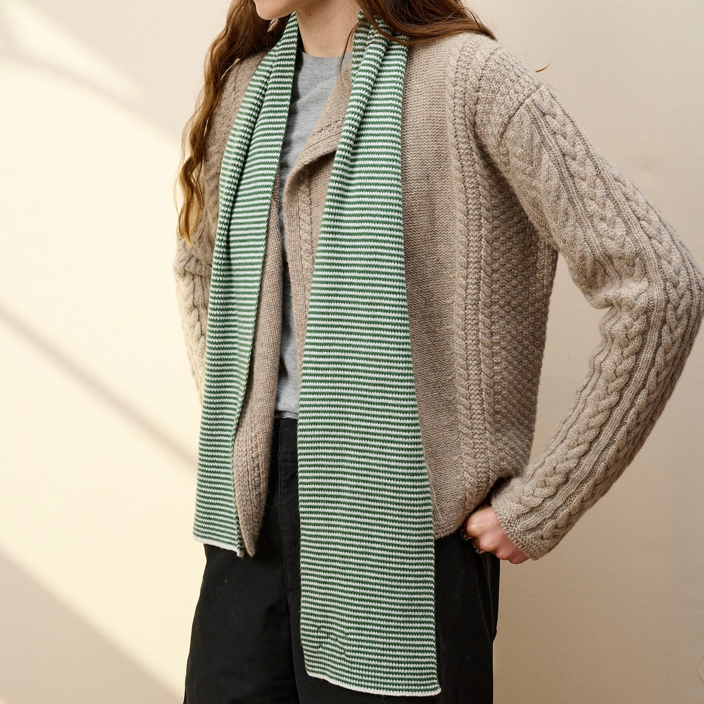 Fern Green & White Striped Cashmere Scarf