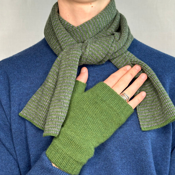 Olive Green & Grey Striped Cashmere Scarf