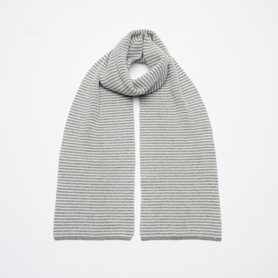 Grey Marl & White Striped 5 Ply Cashmere Scarf