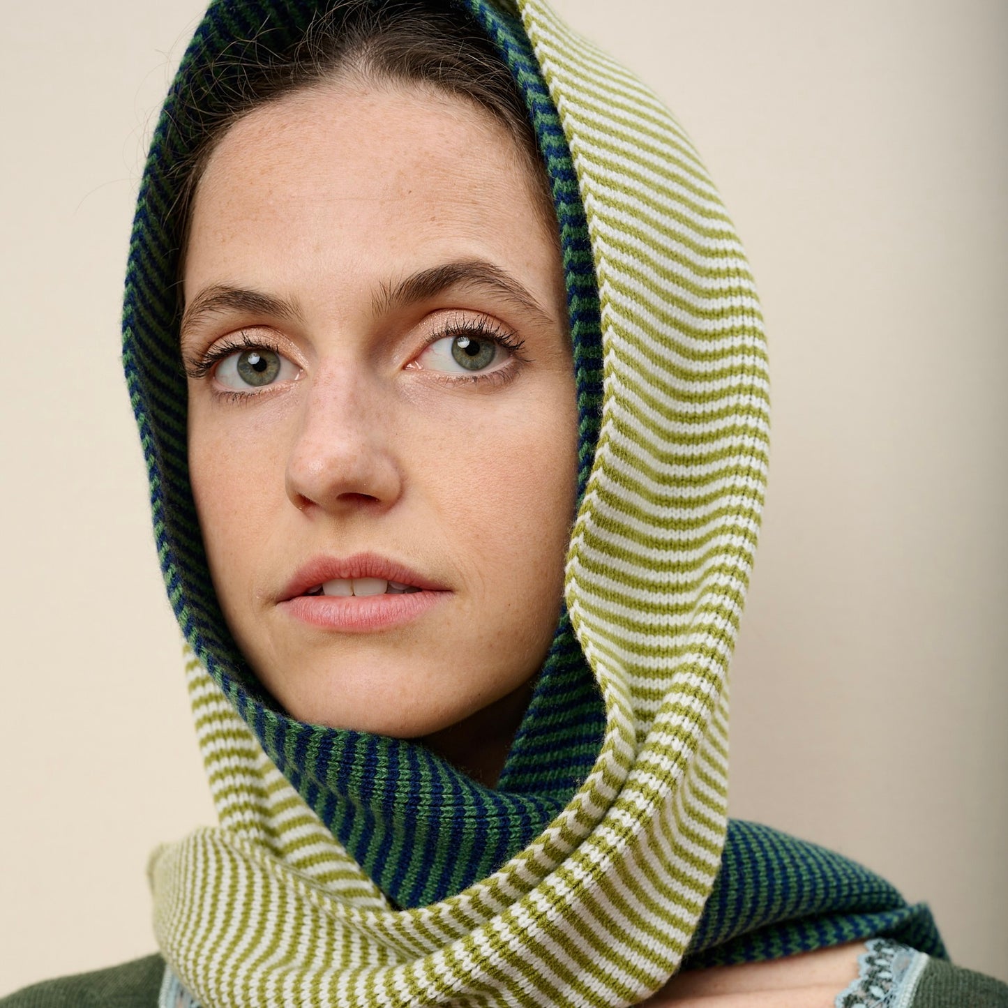 Matcha Green & White Striped Cashmere Scarf