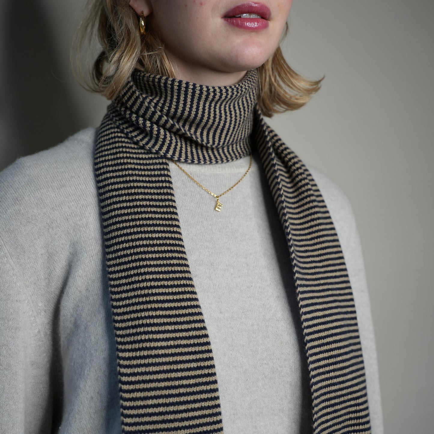 Navy Blue & Camel Striped Cashmere Scarf