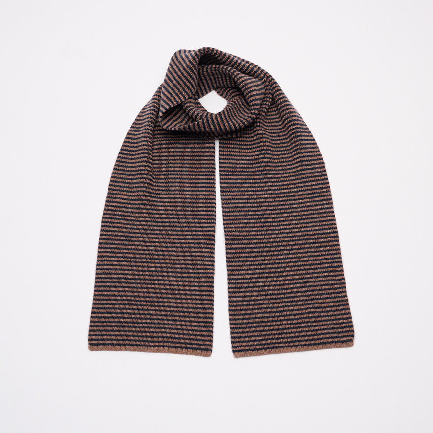 Navy Blue & Biscuit Marls Striped 5 Ply Cashmere Scarf