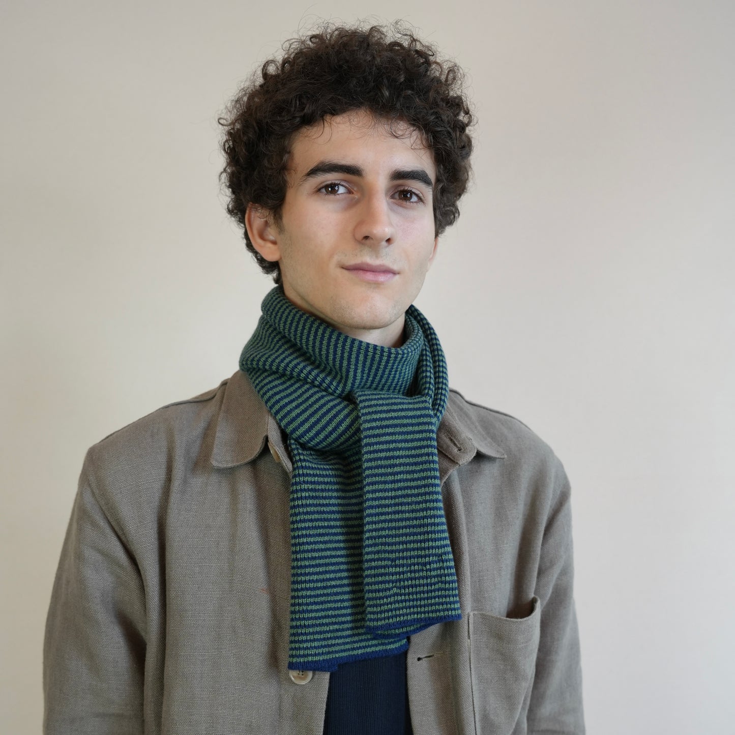Fern Green & Navy Blue Striped Cashmere Scarf