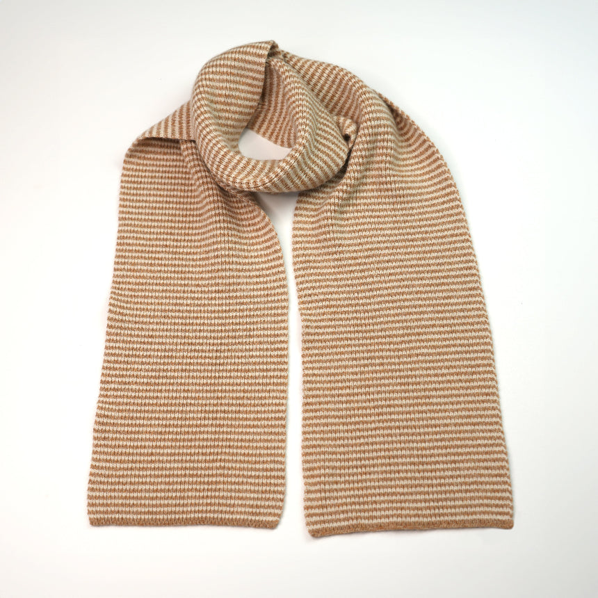 Camel Marl & White Striped 5 Ply Cashmere Scarf