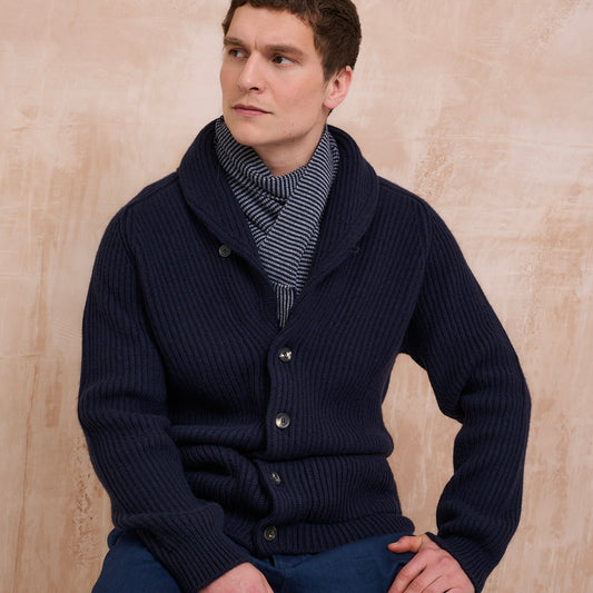 Ribbed Shawl Collar Cashmere Cardigan - Dark Navy