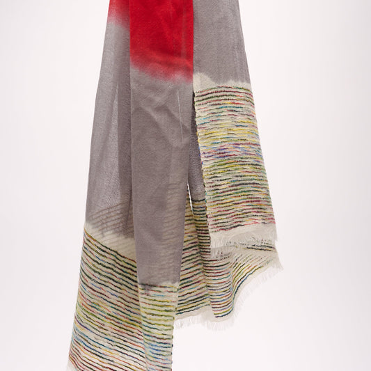 Handwoven Cashmere Shawl - Red & Grey with Multicoloured End