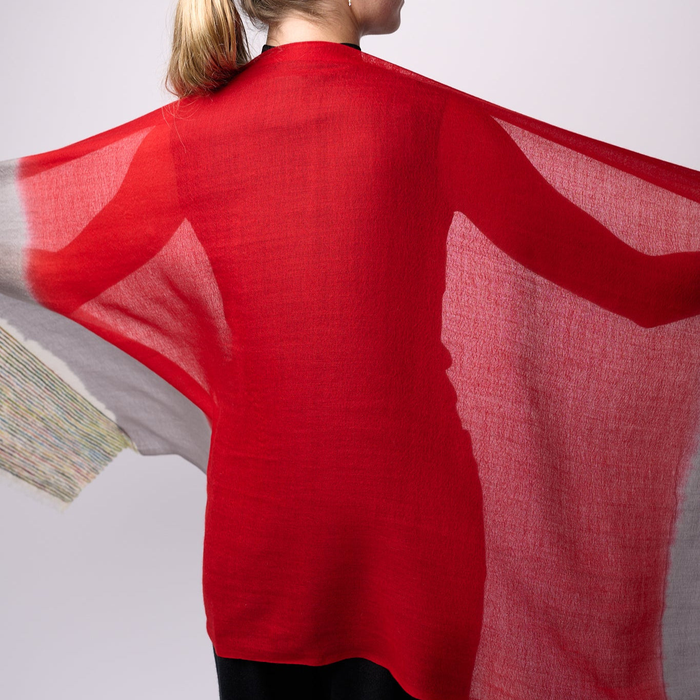 Handwoven Shawl - Red & Grey with Multicoloured End