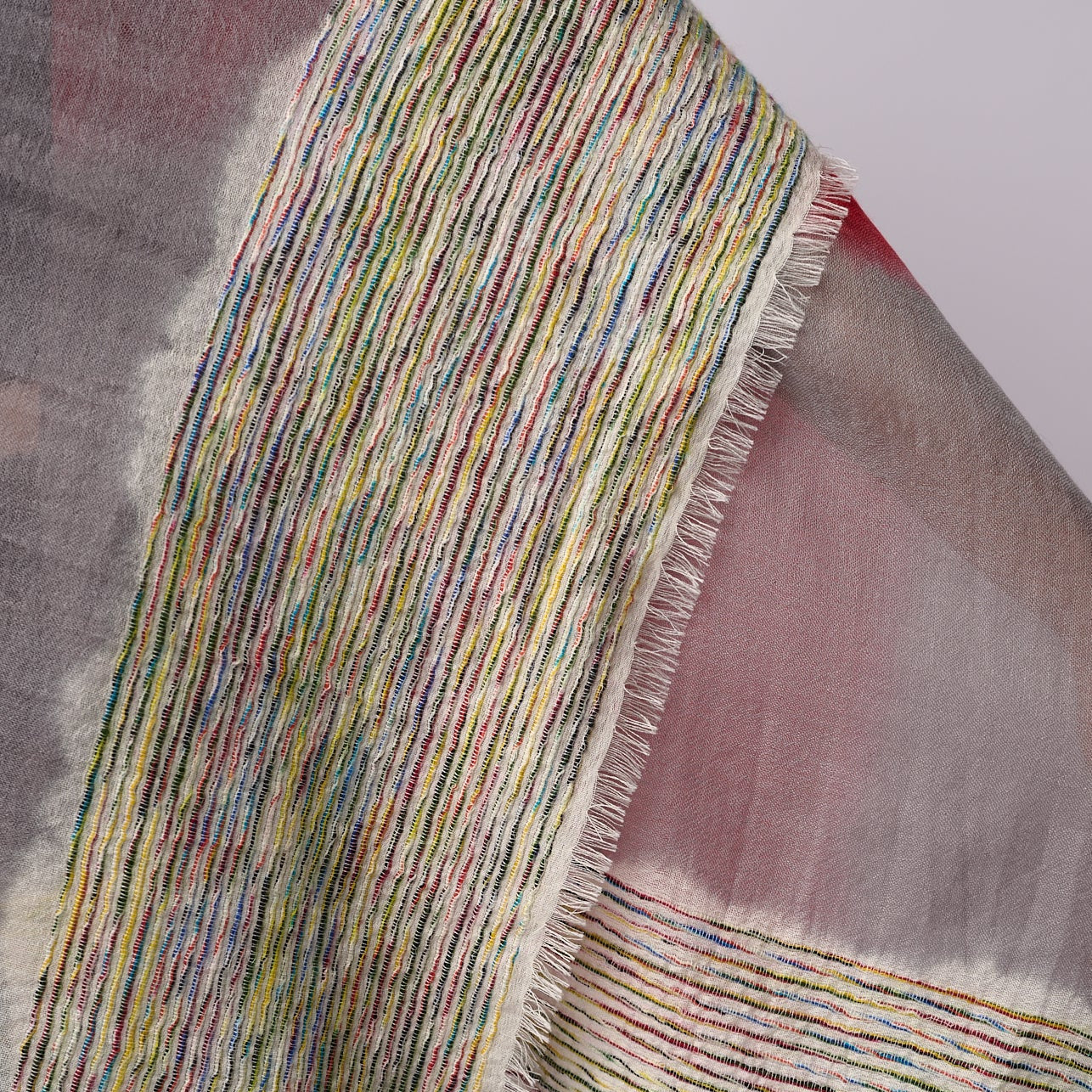Handwoven Shawl - Red & Grey with Multicoloured End