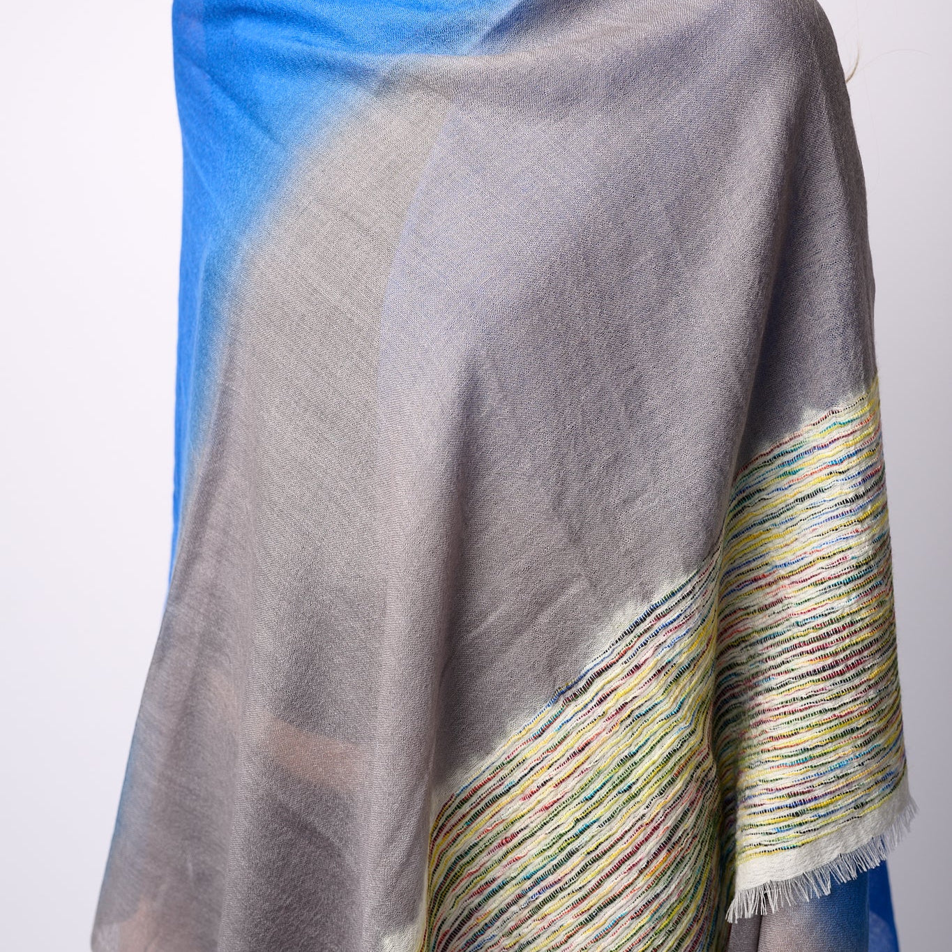 Handwoven Shawl - Blue & Grey with Multicoloured End