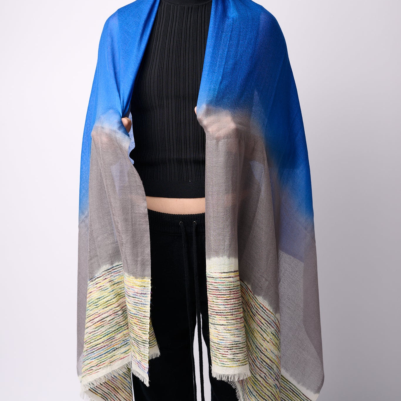 Handwoven Shawl - Blue & Grey with Multicoloured End