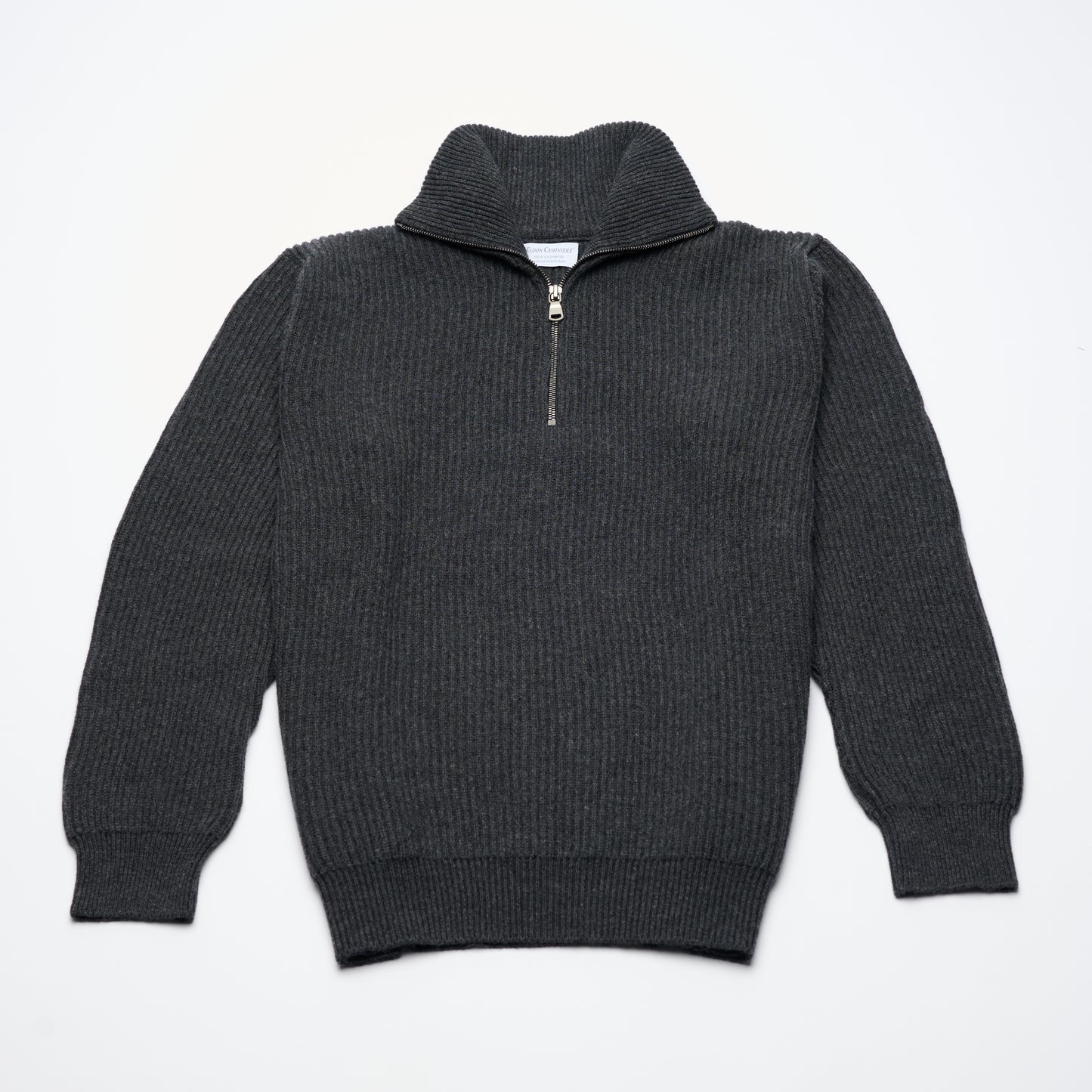 Ribbed Cashmere Half Zip High Neck Jumper - Charcoal