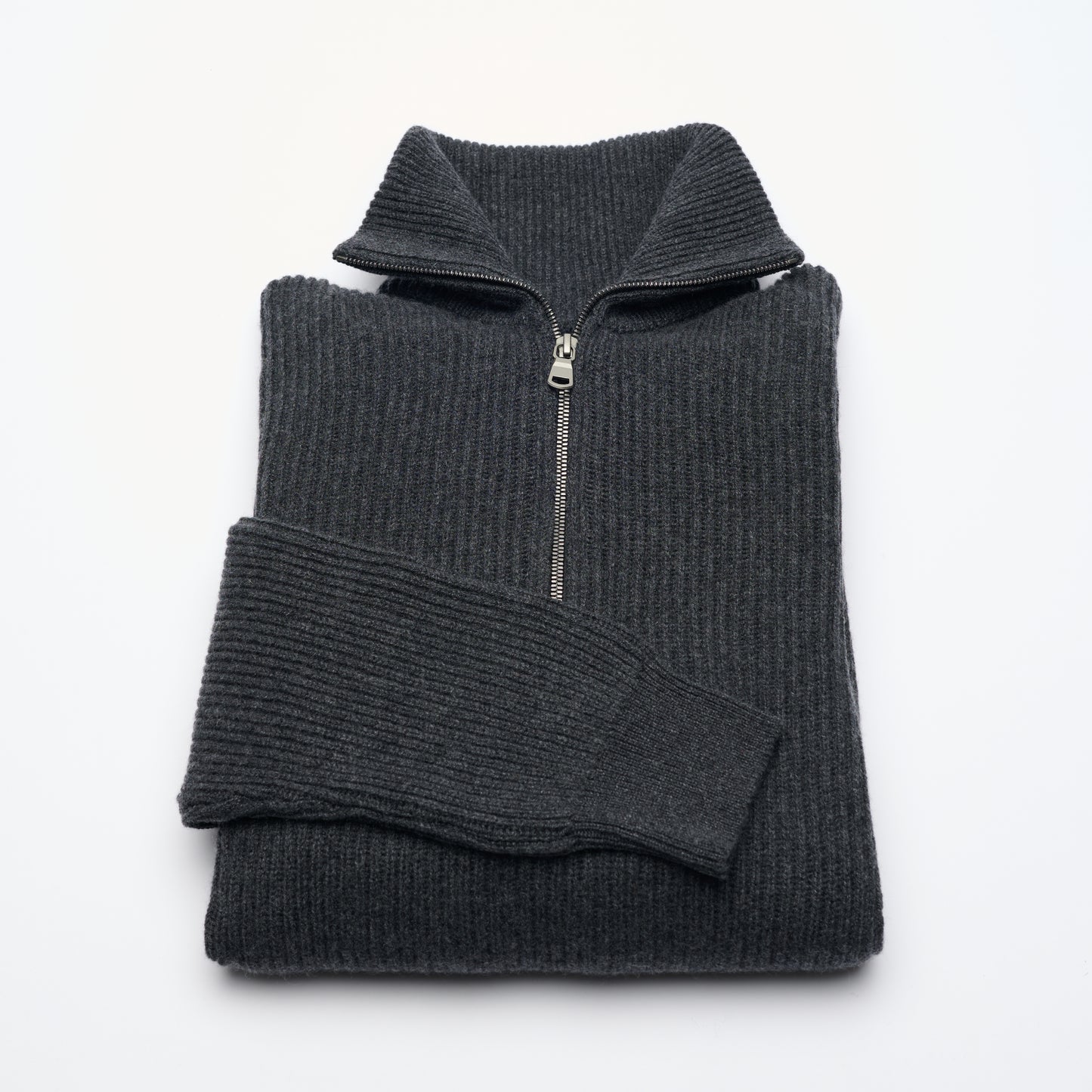 Ribbed Cashmere Half Zip High Neck Jumper - Charcoal