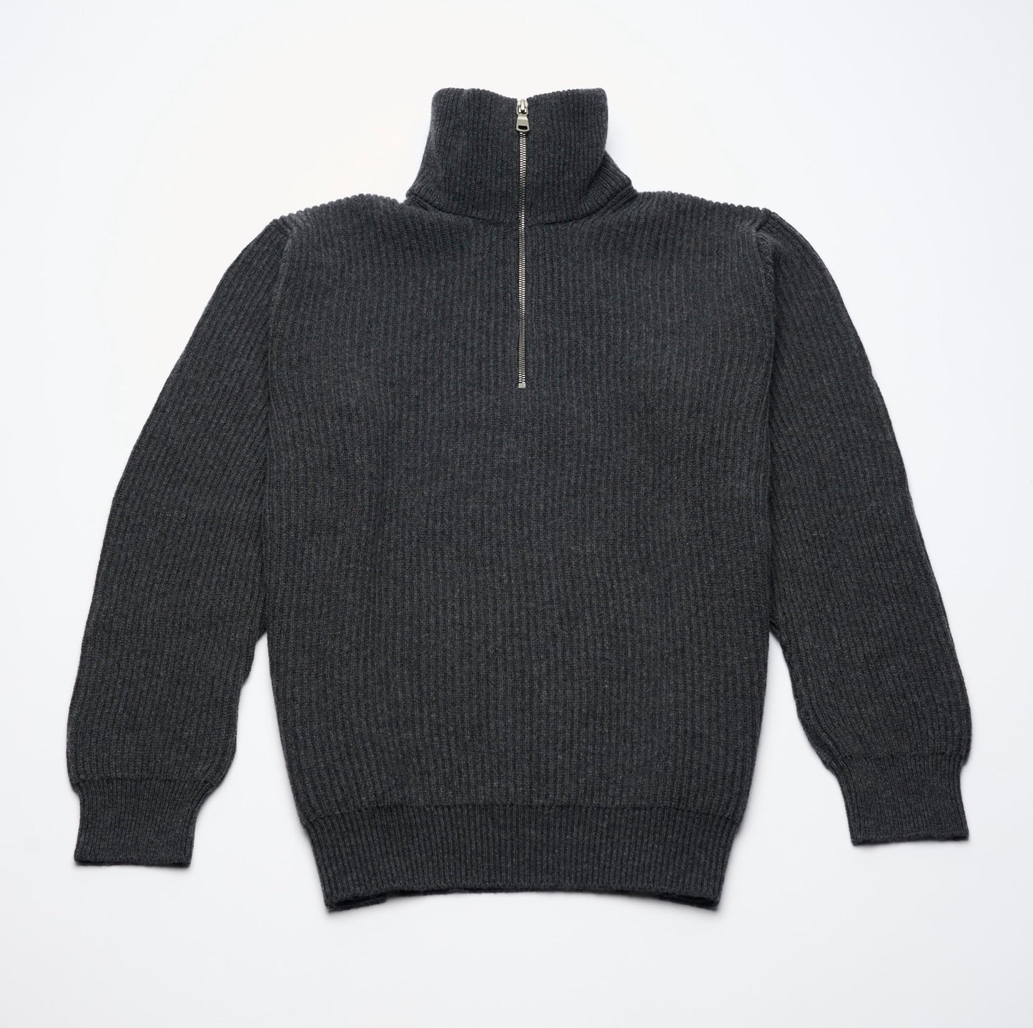 Ribbed Cashmere Half Zip High Neck Jumper - Charcoal