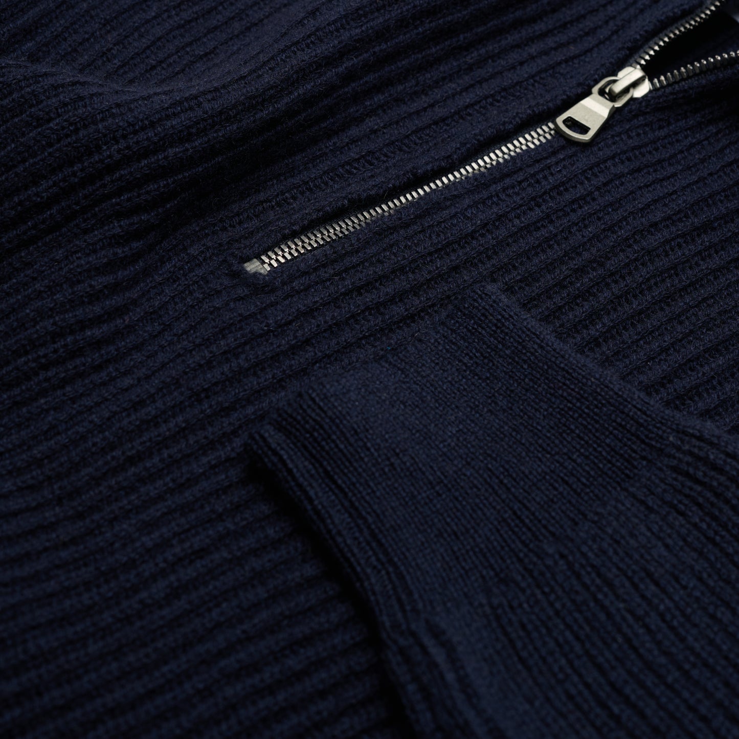 Ribbed Cashmere Half Zip High Neck Jumper - Navy