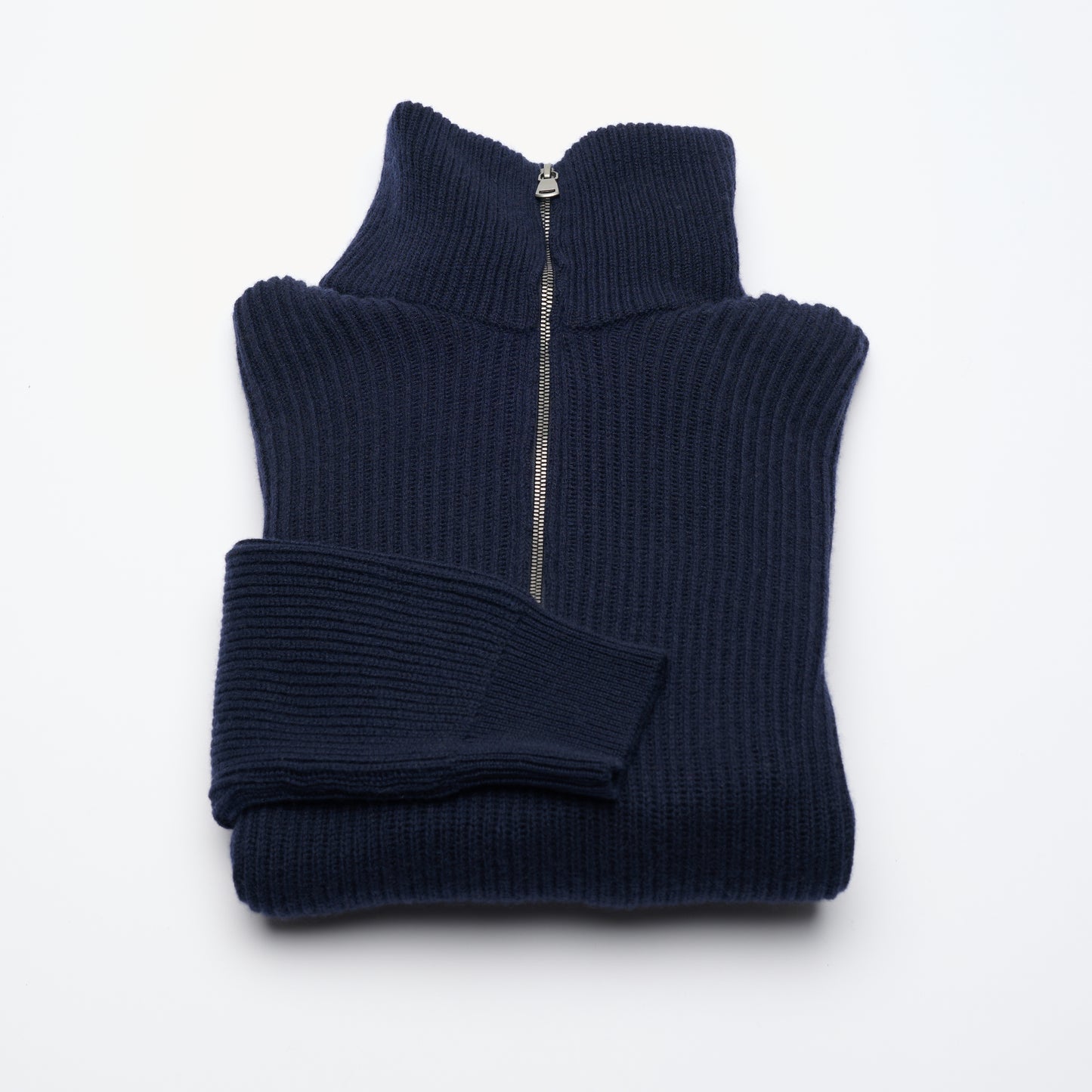 Ribbed Cashmere Half Zip High Neck Jumper - Navy