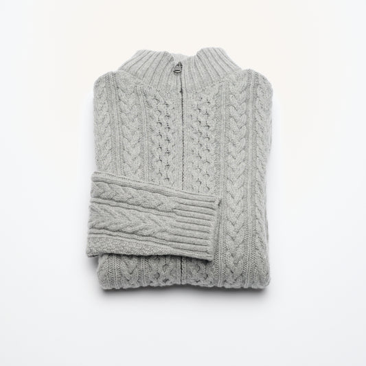 Aran Cable Zip Cardigan - Light Grey