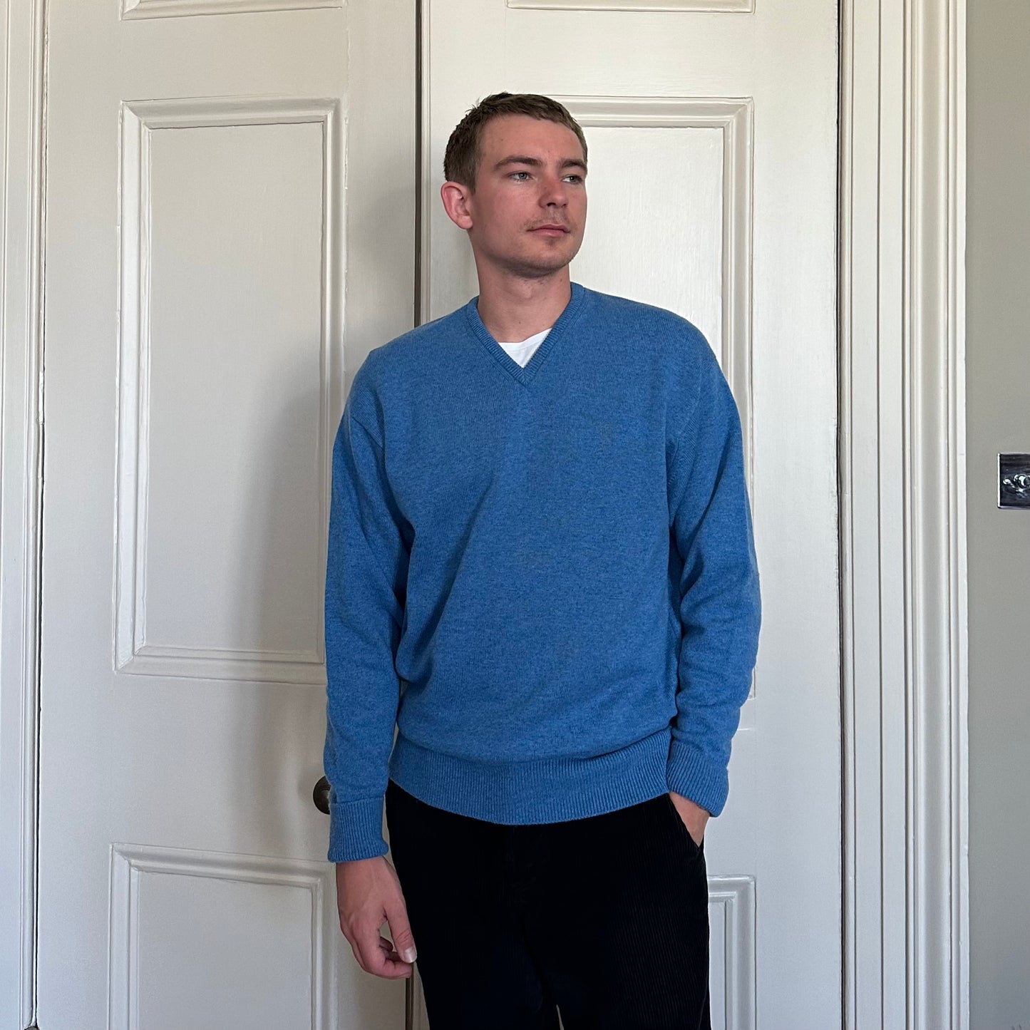 Luxury Classic 4 Ply V Neck Jumper - Mallaig Blue