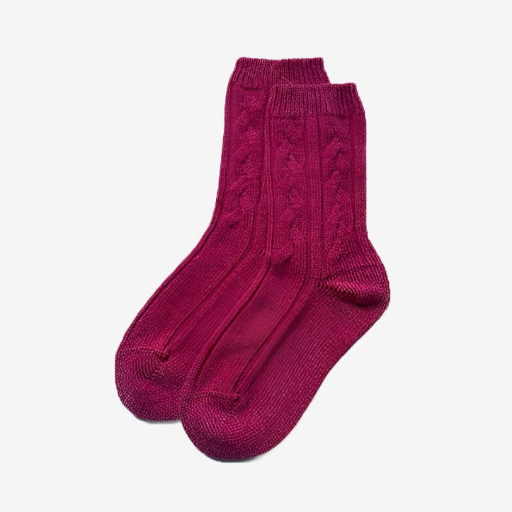 3 Ply Cable Knit Short Bed Socks - Raspberry