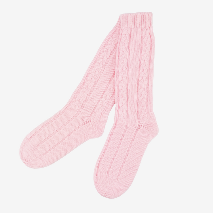 3 Ply Cable Knit Long Bed Socks - Soft Pink