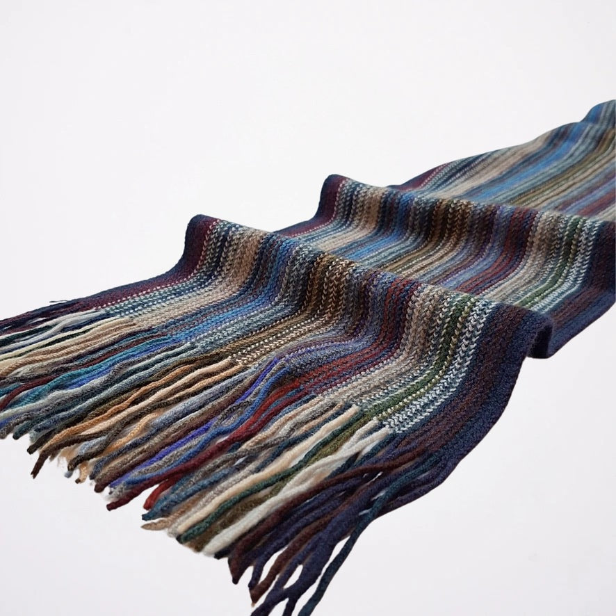 Multi Coloured Cashmere Striped Scarf with Tassels - Country Tones