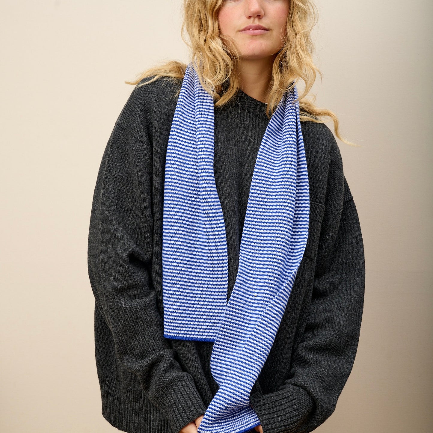 Bright Blue & White Striped Cashmere Scarf