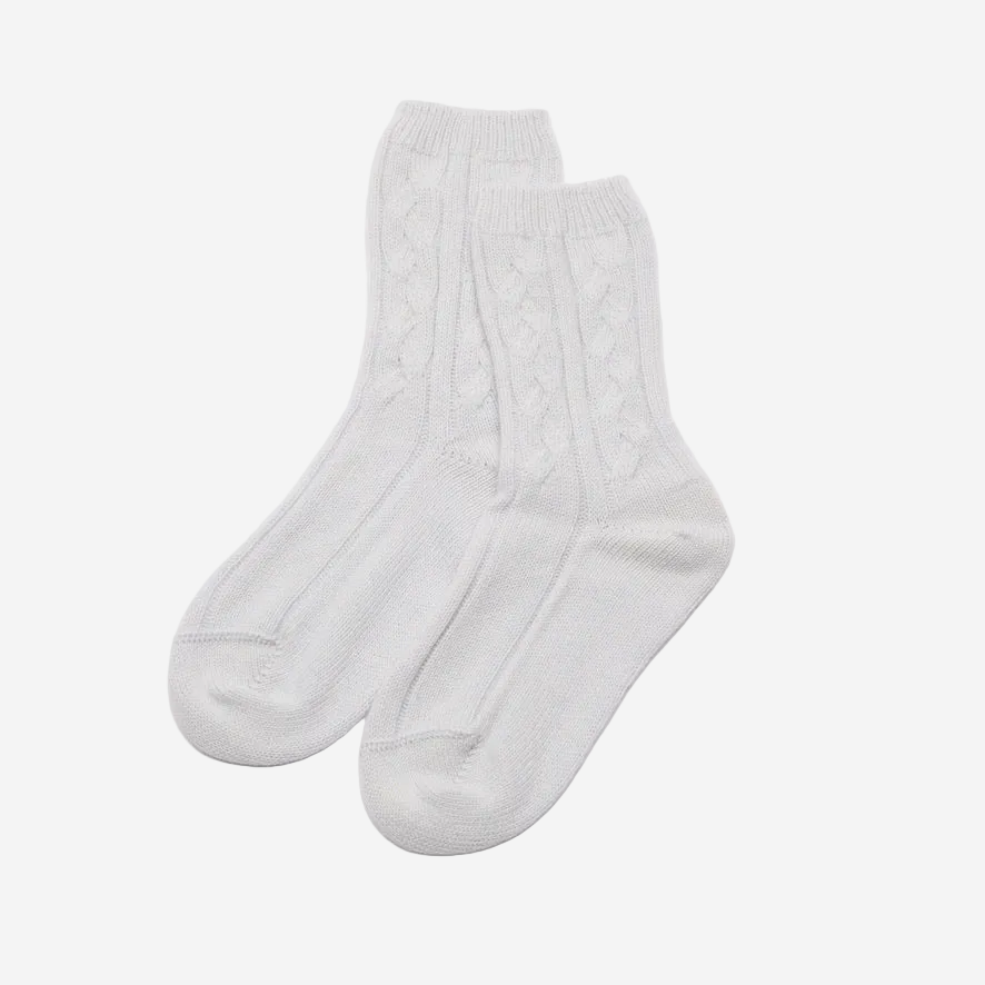 Women's Ice White Cable Knit Cashmere Socks