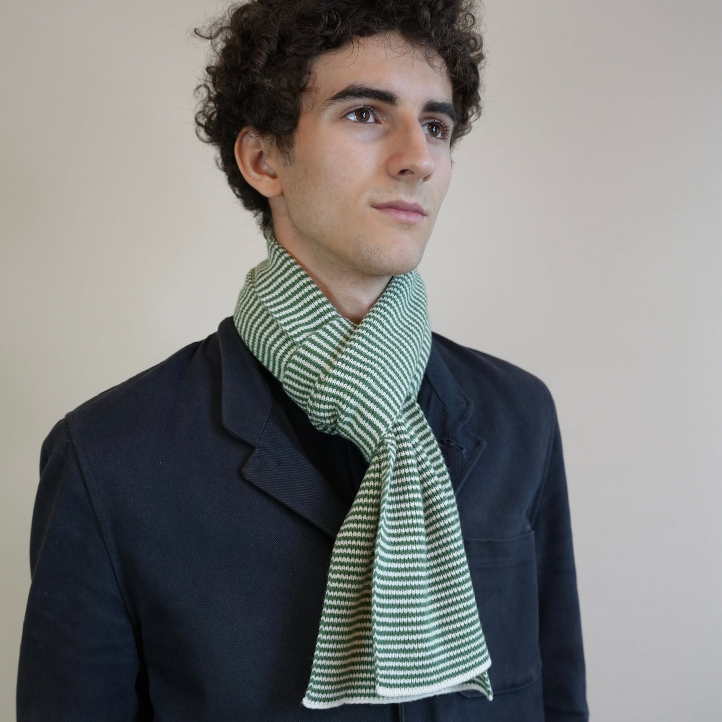 Fern Green & White Striped Cashmere Scarf