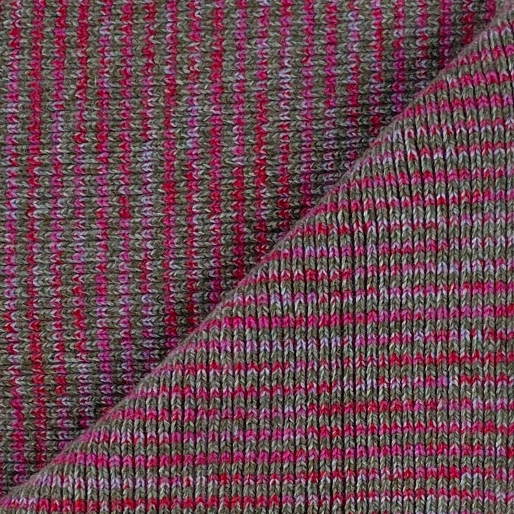 Olive Marl with Pink & Red Mix Striped 5 Ply Cashmere Scarf