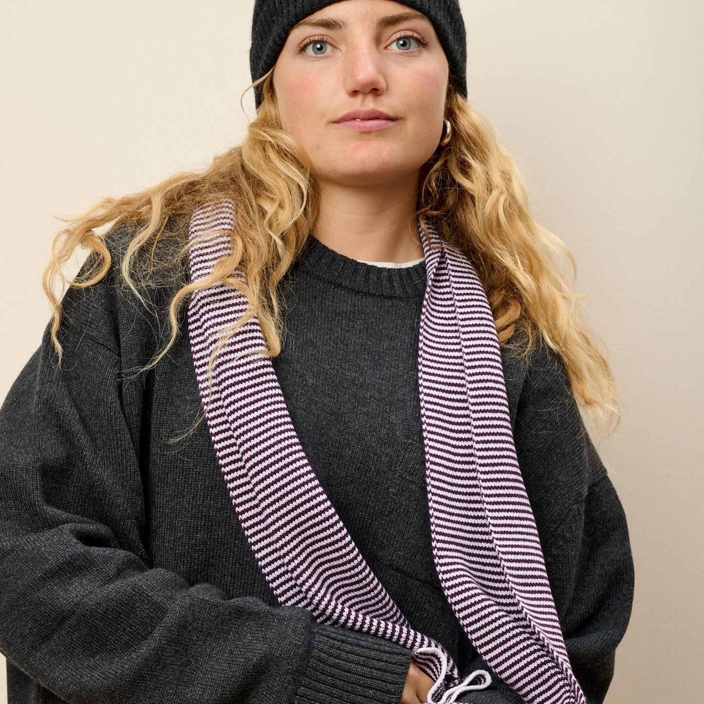 Claret & White Striped Cashmere Scarf