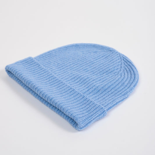 Light Blue 3 Ply Cashmere Ribbed Beanie