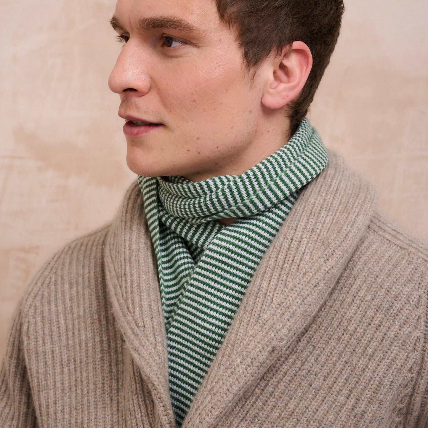 Fern Green & White Striped Cashmere Scarf