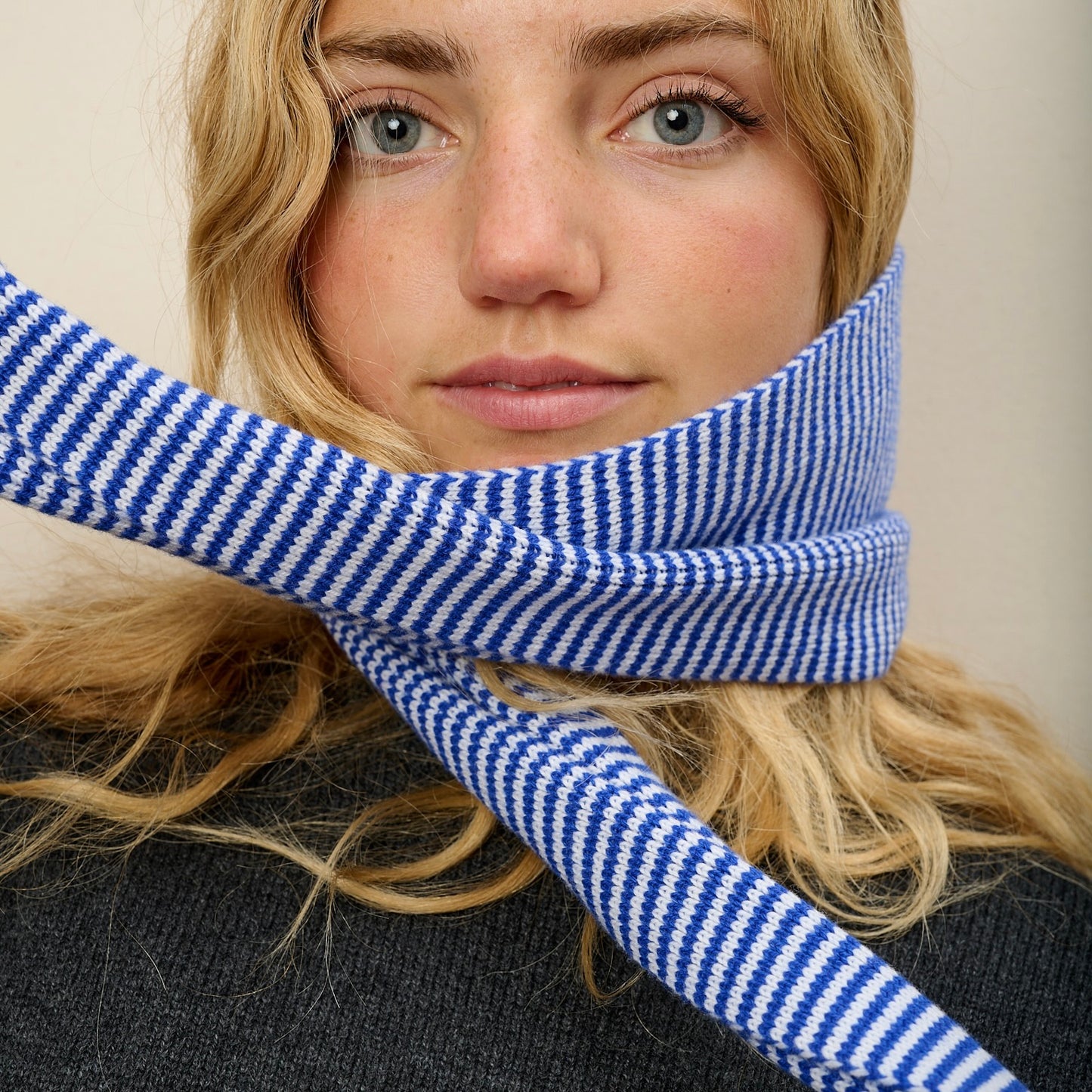 Bright Blue & White Striped Cashmere Scarf