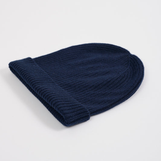 Navy 3 Ply Cashmere Ribbed Beanie