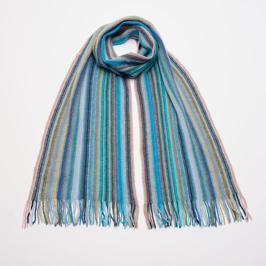 Multi Coloured Cashmere Striped Scarf with Tassels - Ocean Blue Tones