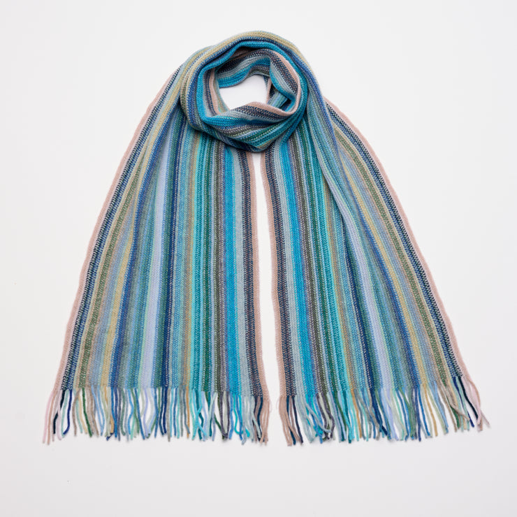 Multi Coloured Cashmere Striped Scarf with Tassels - Ocean Blue Tones