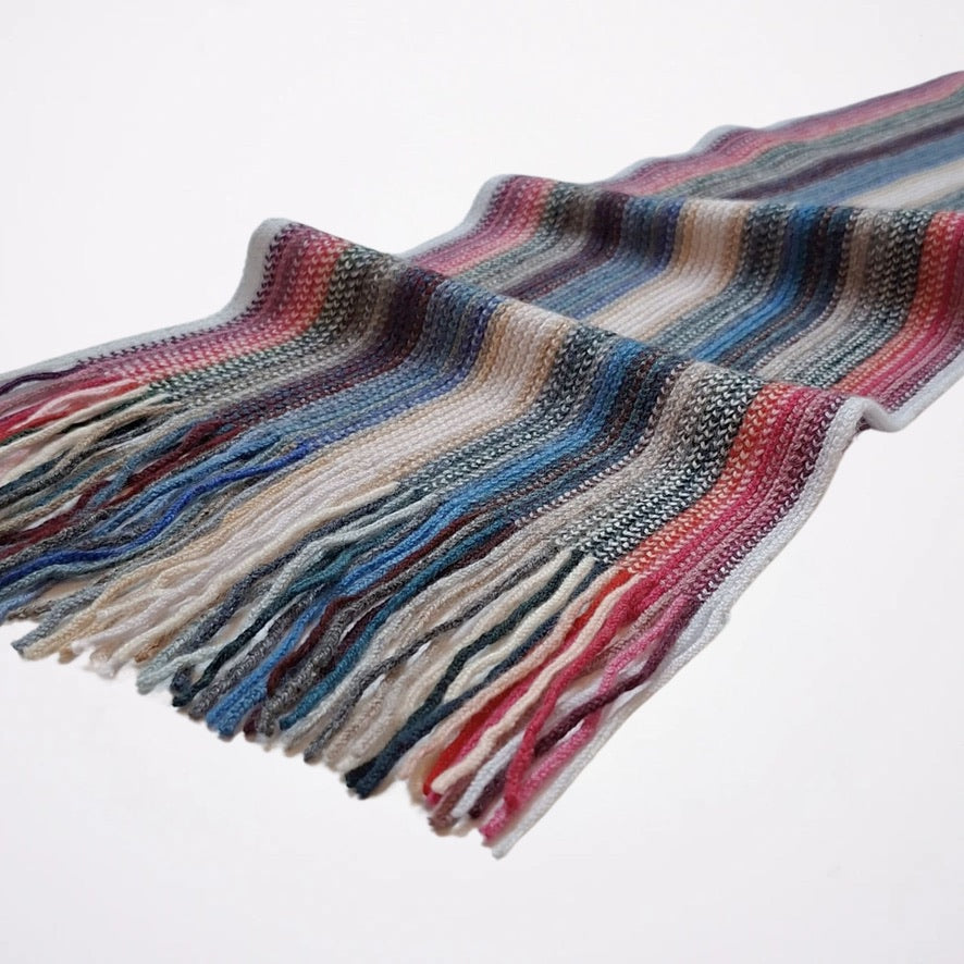 Multi Coloured Cashmere Striped Scarf with Tassels - With Red & Pink