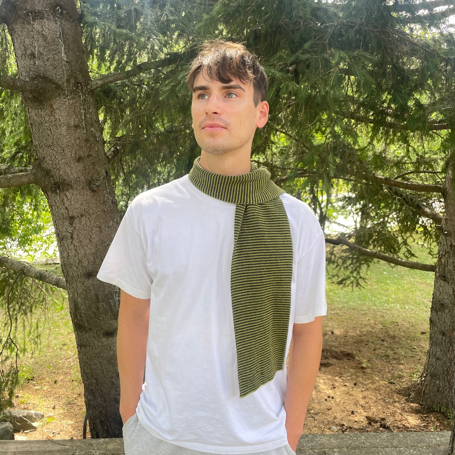 Matcha Green & Charcoal Striped Cashmere Scarf