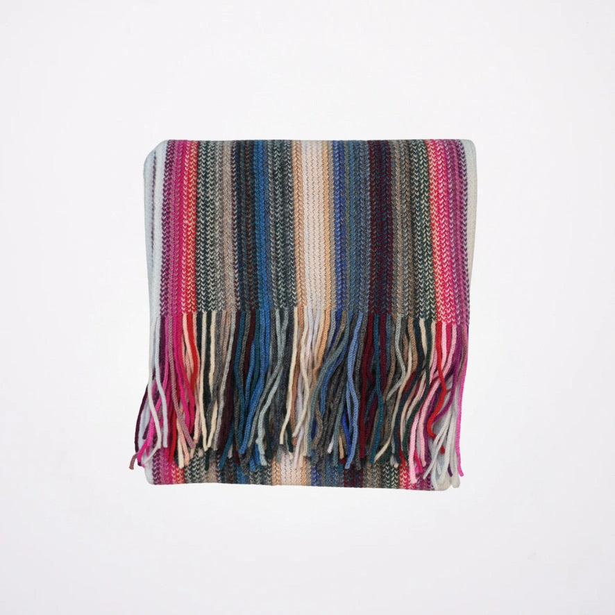 Multi Coloured Cashmere Striped Scarf with Tassels - With Red & Pink