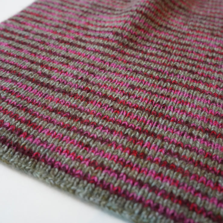 Olive Marl with Pink & Red Mix Striped 5 Ply Cashmere Scarf