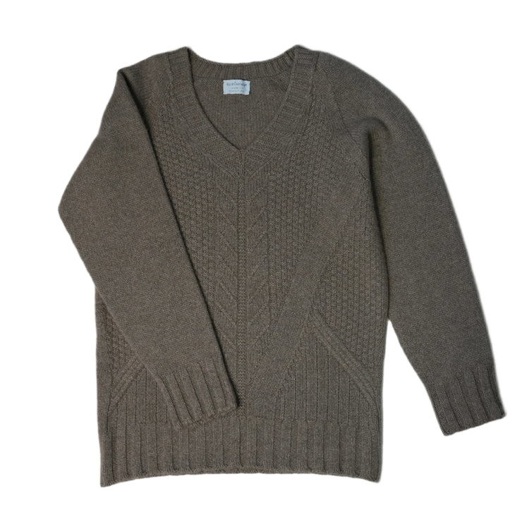 Ladies Cable V Neck Long Cashmere Jumper - Natural